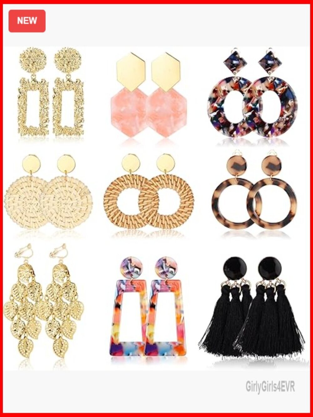 9 Pairs Clip-On Drop Earrings Rattan Acrylic Tassel Geometric Lightweight